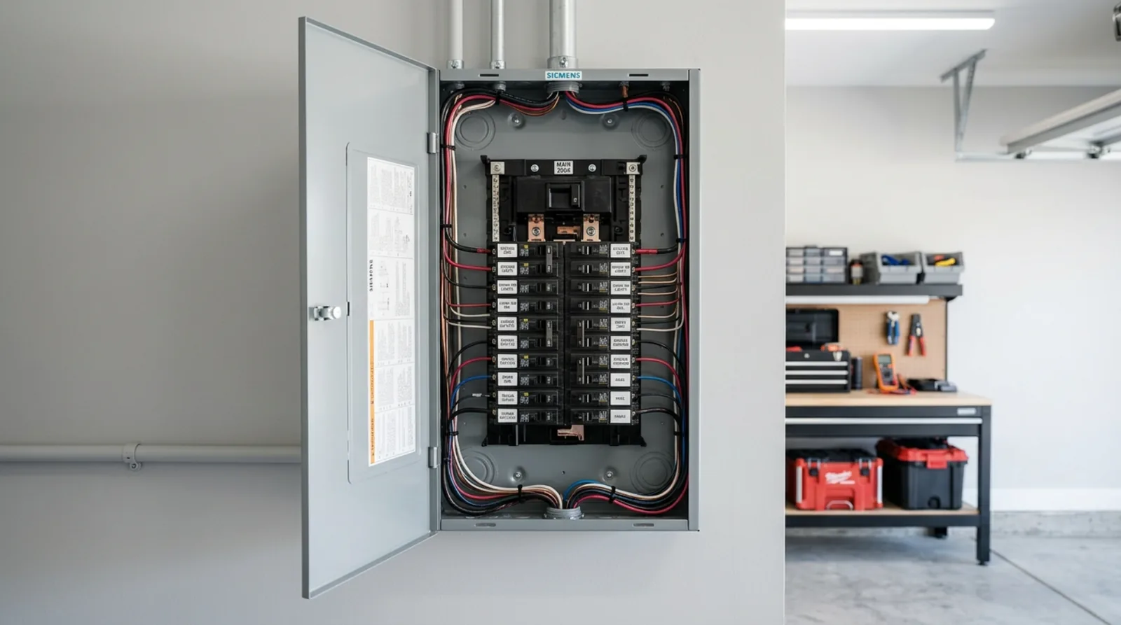 Open residential electrical panel on a garage wall showing two columns of circuit breakers