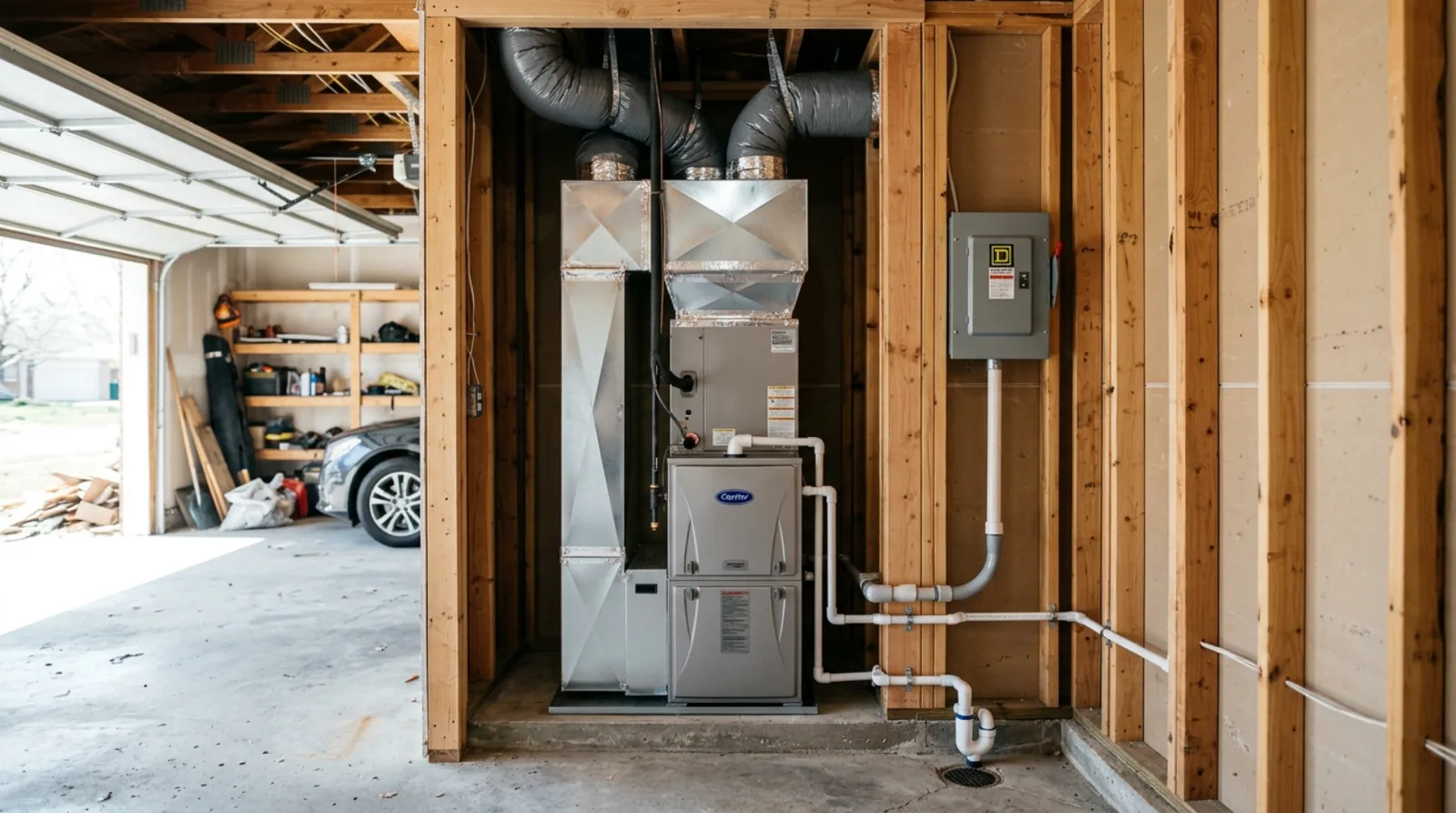 Newly installed furnace and air handler in a garage mechanical closet with a new electrical disconnect and foil-taped sheet metal plenum