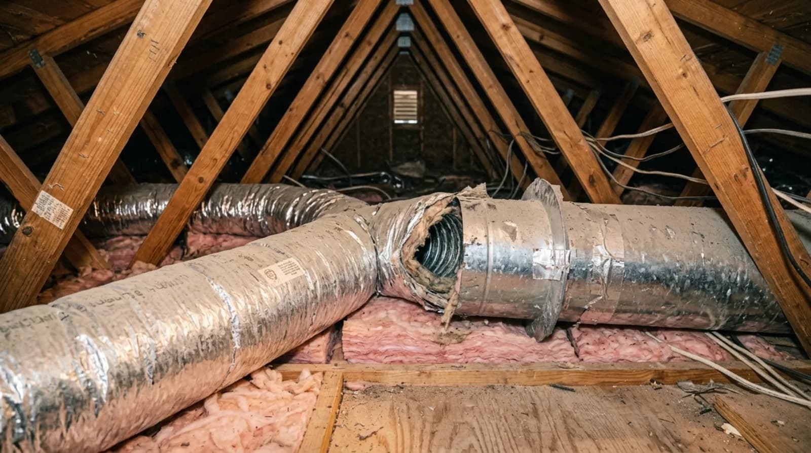 Loose insulated flexible duct connection exposed over fiberglass insulation in a hot residential attic