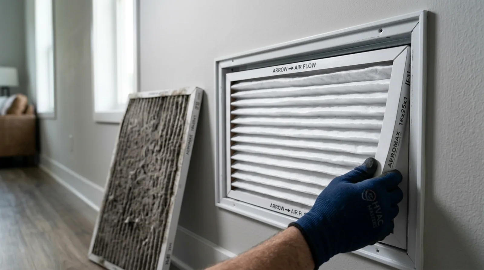 Dust-loaded pleated air filter pulled halfway out of a hallway return-air grille