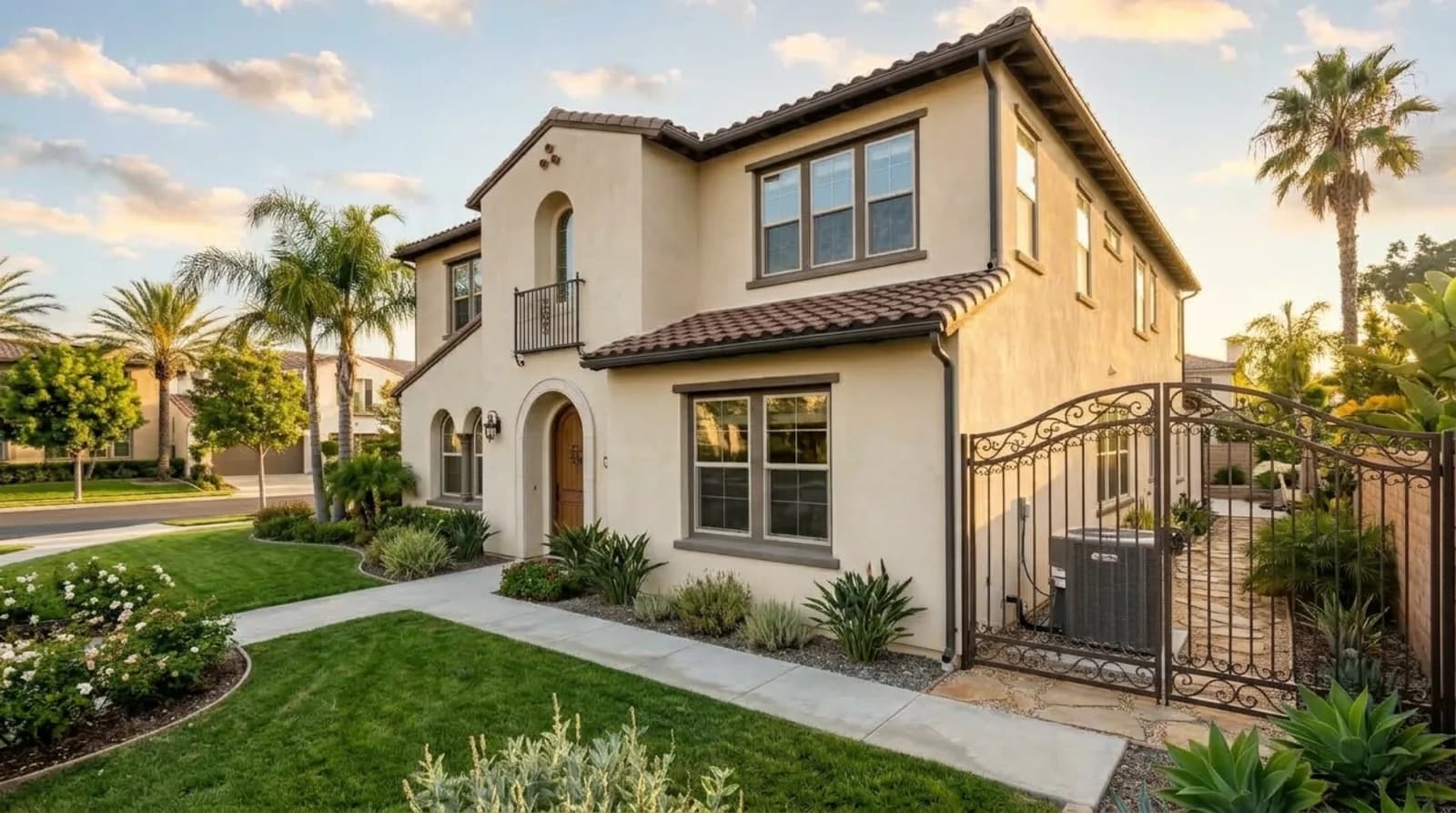 Two-story beige stucco tract home in inland Southern California with a residential air conditioning condenser on a concrete pad at the side of the house