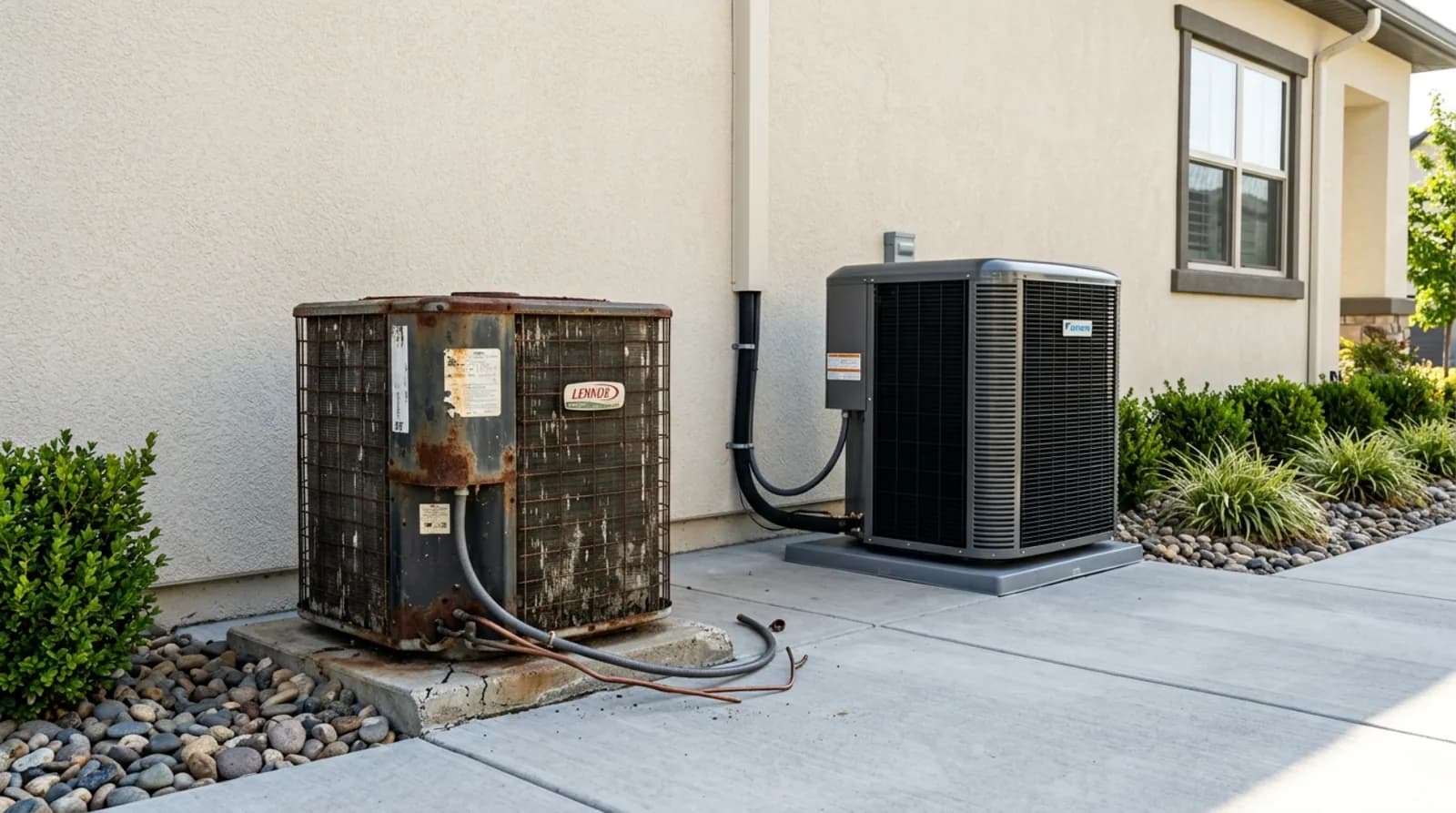 An old rusted air conditioning condenser on a driveway beside a new replacement unit still strapped to its pallet