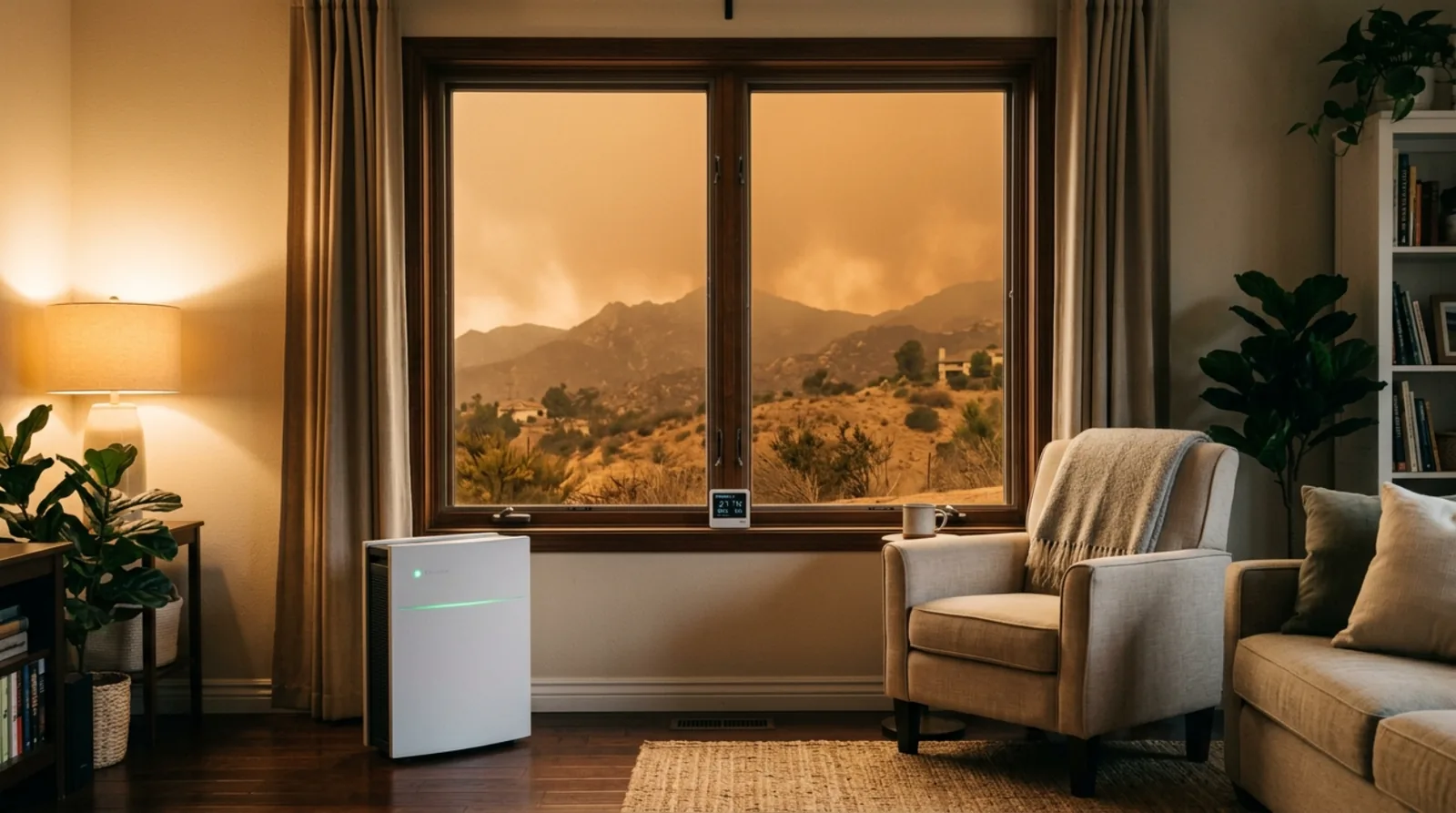 View from inside a home through a closed sliding glass door at an orange wildfire smoke haze over dry hills